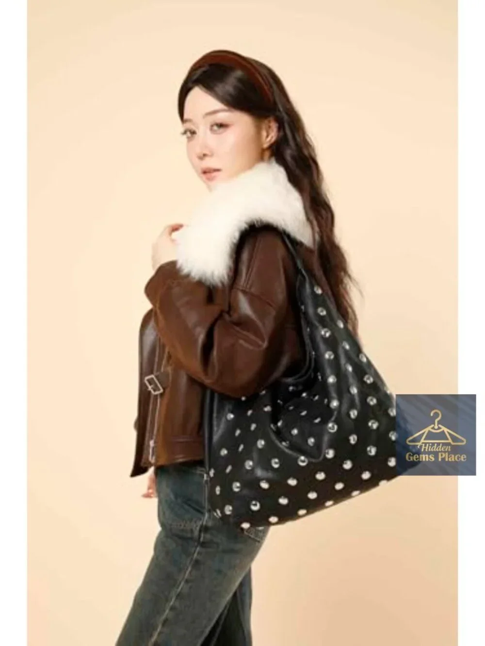 Studded Hobo Purse for Women, Leather Tote Bag with Rivet Studs